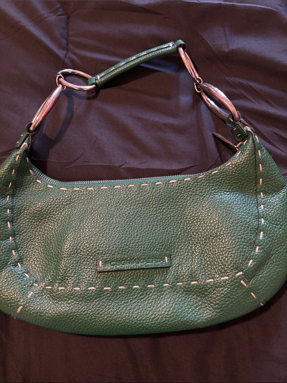 BCBGMaxAzria Green Pebbled Leather Hobo Shoulder Bag with White Stitching